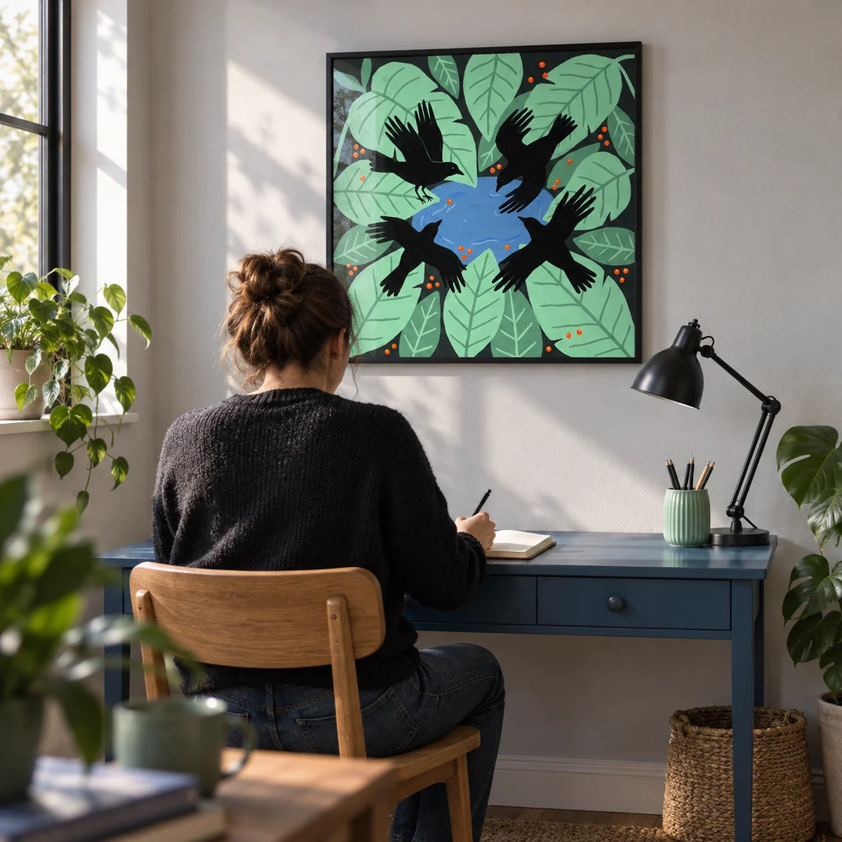 Crows Art Print, framed on the wall of a compact creative home study with a pale grey wall