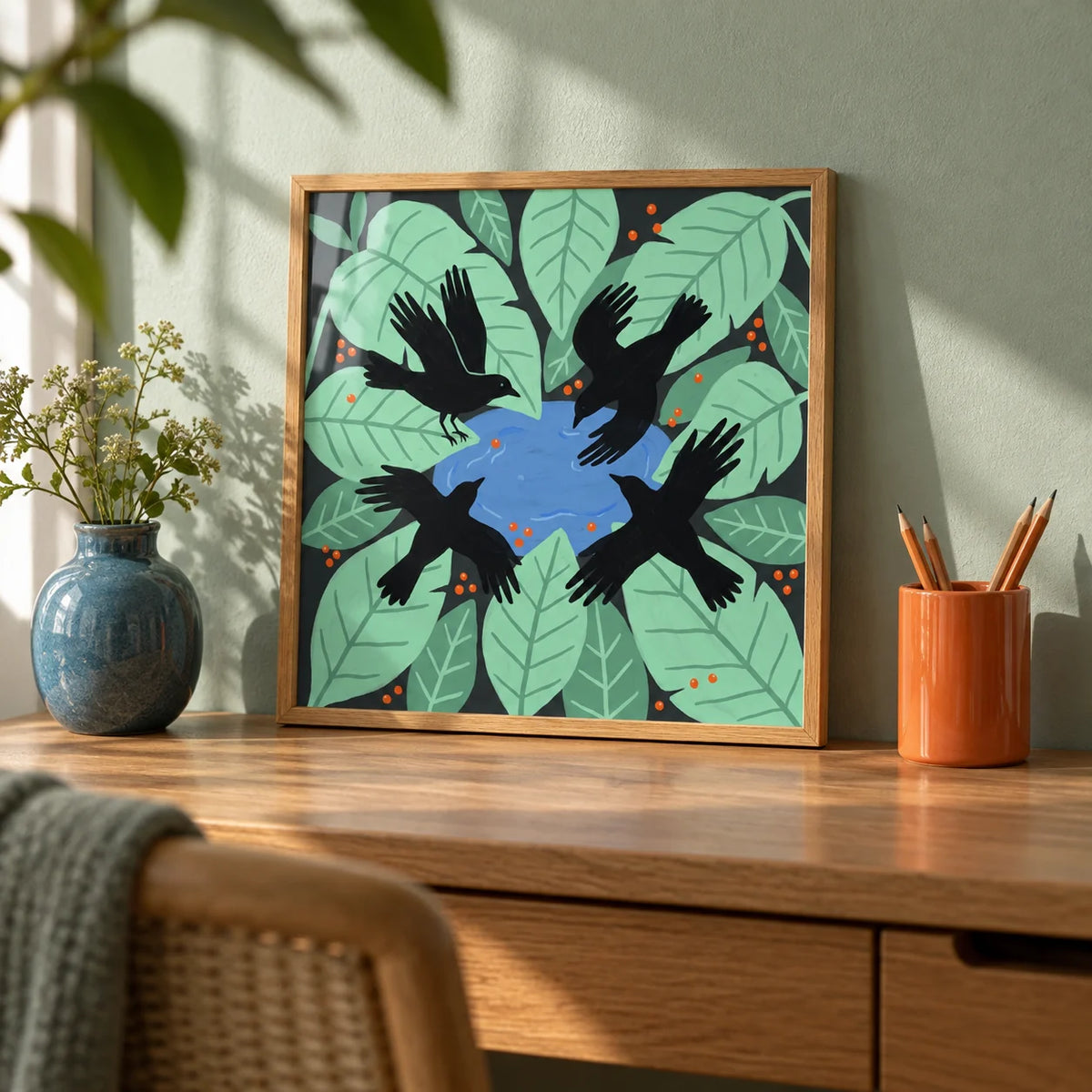 Crows Art Print, a small A4 framed print leaning on an oak writing desk