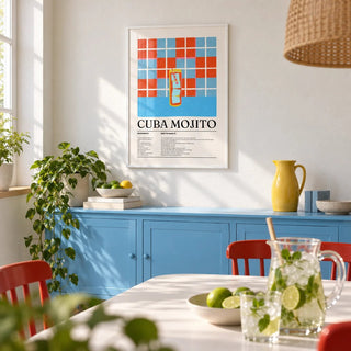 Cuban Mojito Recipe, framed on the wall of a bright dining room with a white plaster wall