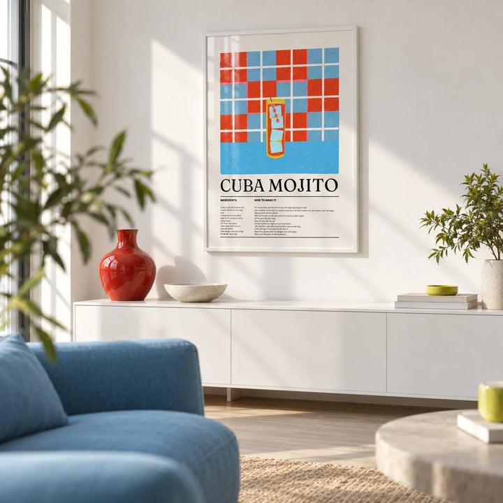 Cuban Mojito Recipe, framed on the wall of a bright living room with a white wall and a pale wood floor