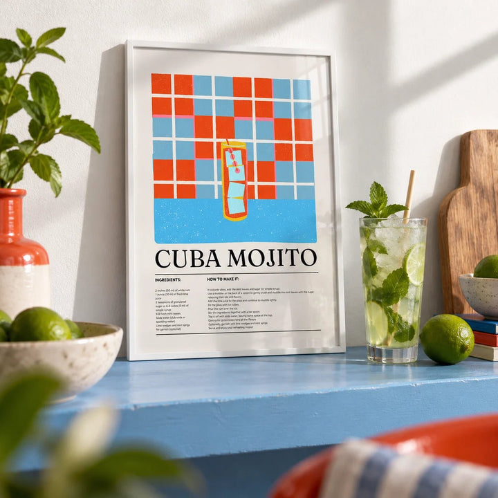 Cuban Mojito Recipe, a small A4 framed print leaning on a sky blue painted shelf in a living room