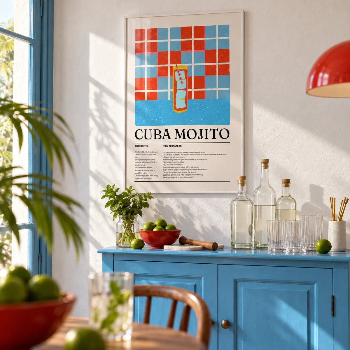 Cuban Mojito Recipe, framed on the wall of a small Cuban-style home bar with a white plaster wall