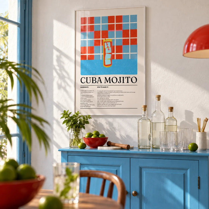 Cuban Mojito Recipe, framed on the wall of a small Cuban-style home bar with a white plaster wall
