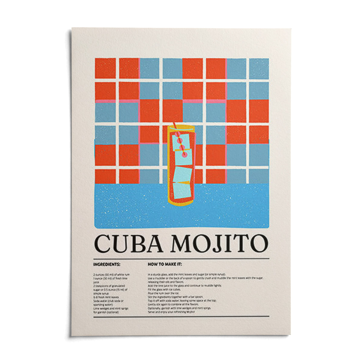 Cuban Mojito Recipe, shown as an unframed paper print on a plain white background