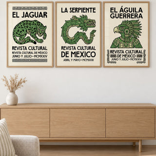 Cultural Art Print Set hung at eye level above a light oak sideboard: Jaguar Spirit, Symbolic Serpent and Aztec Warrior shown framed side by side (frames not included)