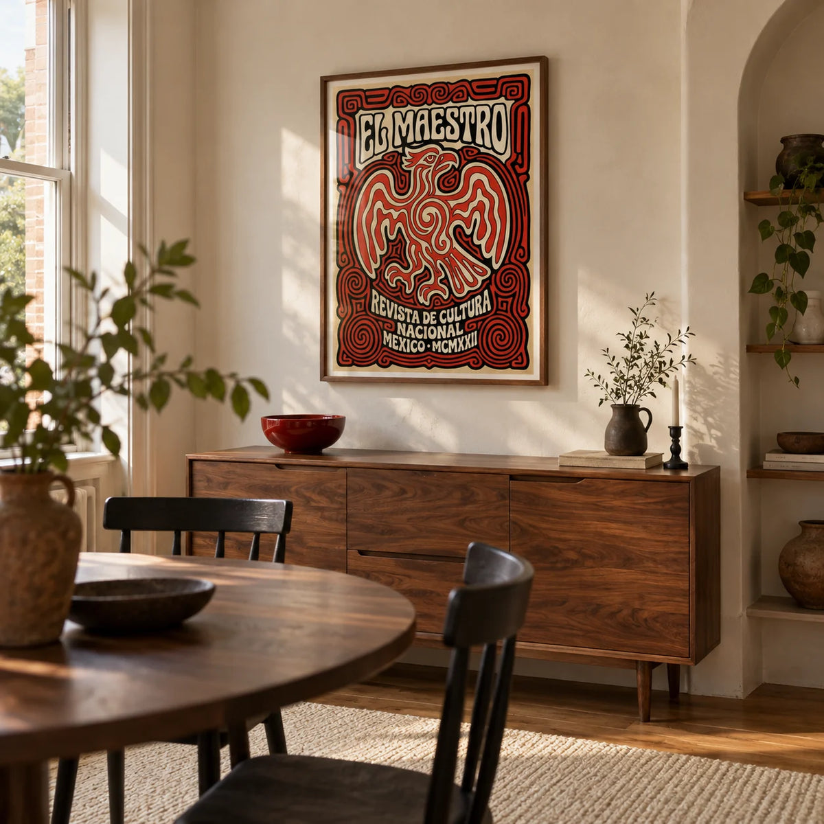 Cultural Mexican Poster, framed on the wall of a characterful dining room in a UK flat with warm off-white plaster and a shallow arched niche