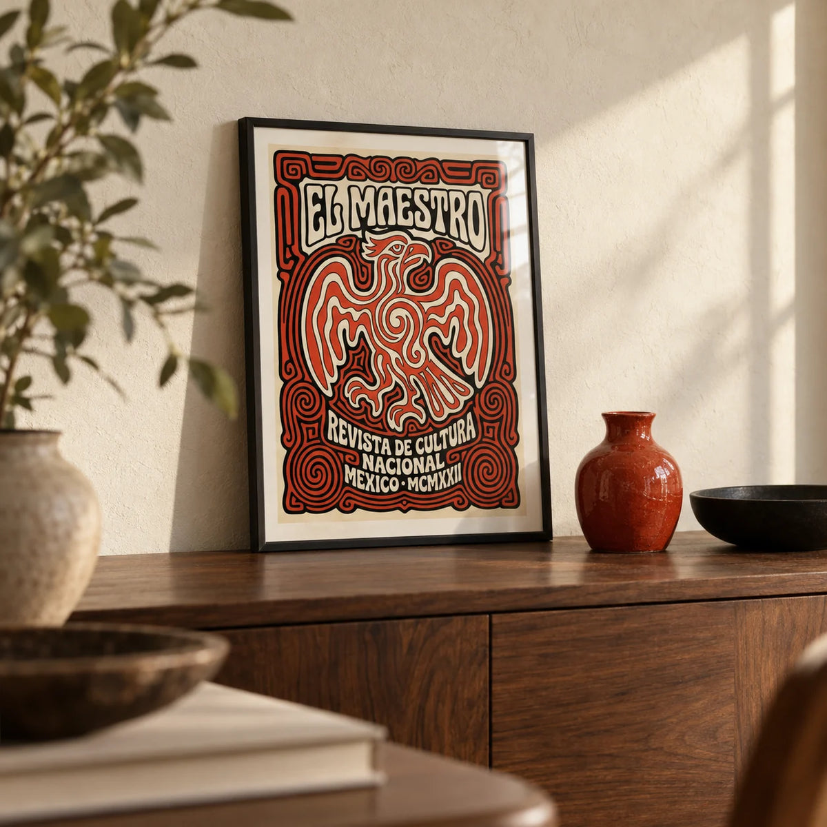 Cultural Mexican Poster, a small A4 framed print leaning on a walnut sideboard in a living room