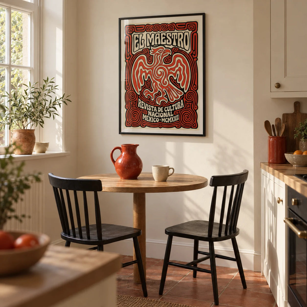 Cultural Mexican Poster, framed on the wall of a warm modern kitchen in a UK home with cream walls