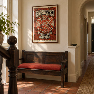 Cultural Mexican Poster, framed on the wall of a welcoming hallway in a Victorian UK terrace with cream plaster walls and plain terracotta floor tiles
