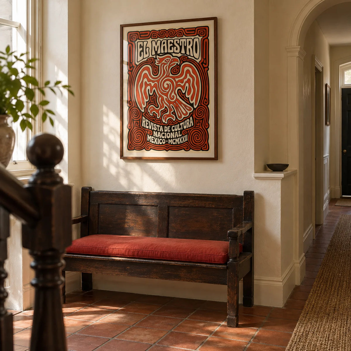 Cultural Mexican Poster, framed on the wall of a welcoming hallway in a Victorian UK terrace with cream plaster walls and plain terracotta floor tiles