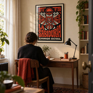 Cultural Owls Poster, framed on the wall of a characterful home study in a UK Victorian terrace with a pale warm plaster wall