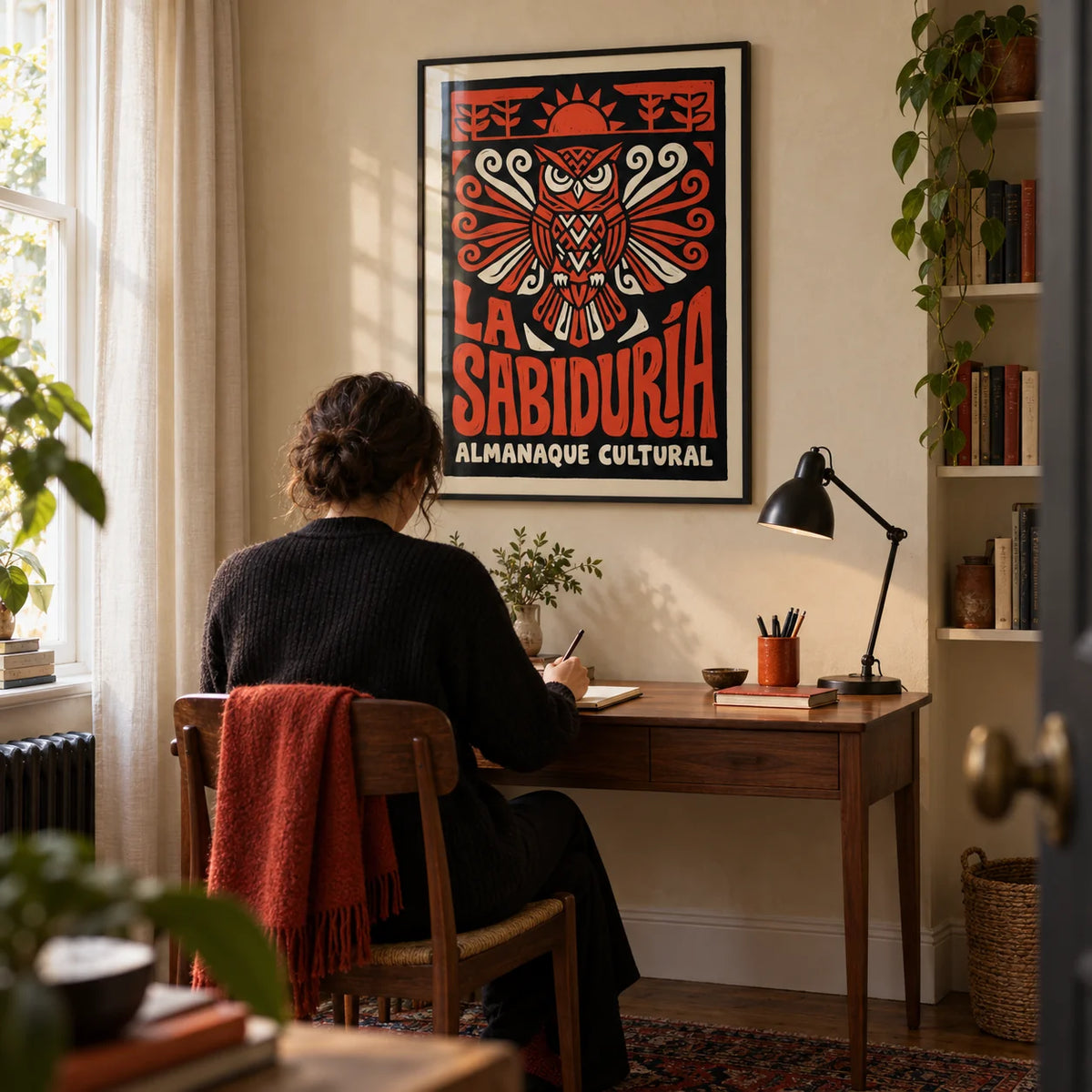 Cultural Owls Poster, framed on the wall of a characterful home study in a UK Victorian terrace with a pale warm plaster wall