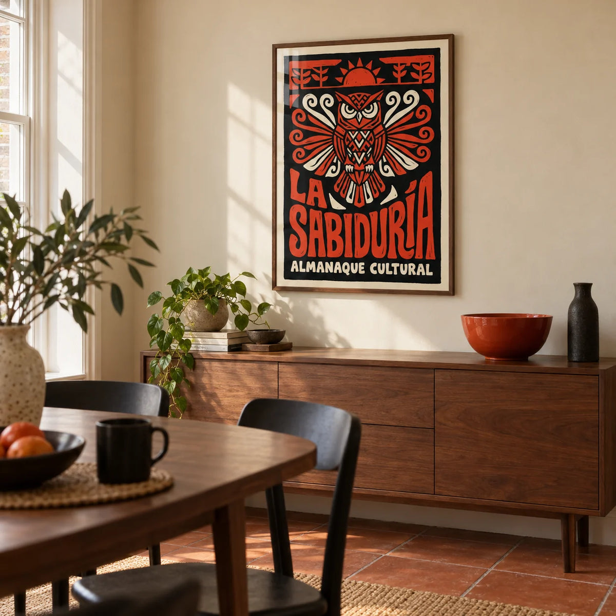 Cultural Owls Poster, framed on the wall of a design-led dining room in a UK flat with a warm cream wall and terracotta floor