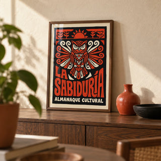 Cultural Owls Poster, a small A4 framed print leaning on a walnut sideboard in a living room
