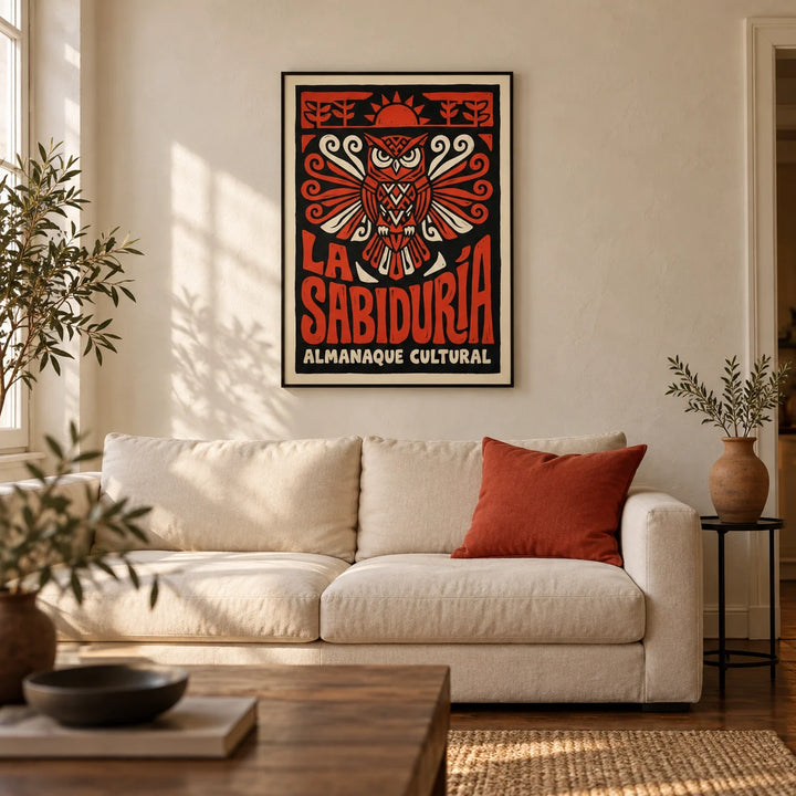 Cultural Owls Poster, framed on the wall of a warm Mexican-modern living room in a UK terrace with ivory plaster walls and a walnut floor