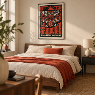 Cultural Owls Poster, framed on the wall of a warm modern bedroom for an art-loving adult in a UK flat with a cream wall and oak floor