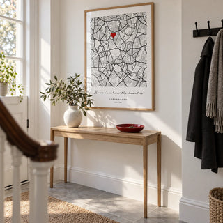 Custom Anniversary Gift, framed on the wall of a bright entrance hallway in a renovated UK terrace with white walls and a pale grey stone floor