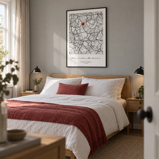Custom Anniversary Gift, framed on the wall of a calm main bedroom in a couple's UK flat with a soft grey wall
