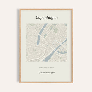 Anniversary Map Print personalised print, shown framed in natural wood