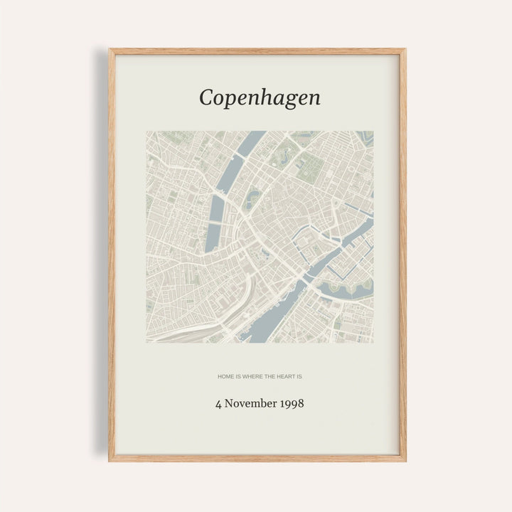Anniversary Map Print personalised print, shown framed in natural wood