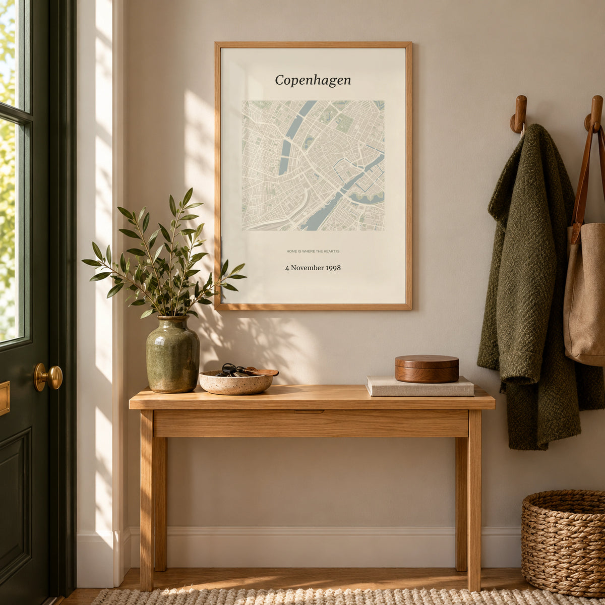 Anniversary Map Print in a welcoming hallway, natural wood frame
