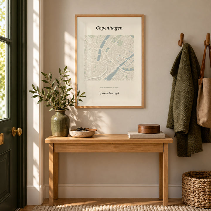 Anniversary Map Print in a welcoming hallway, natural wood frame