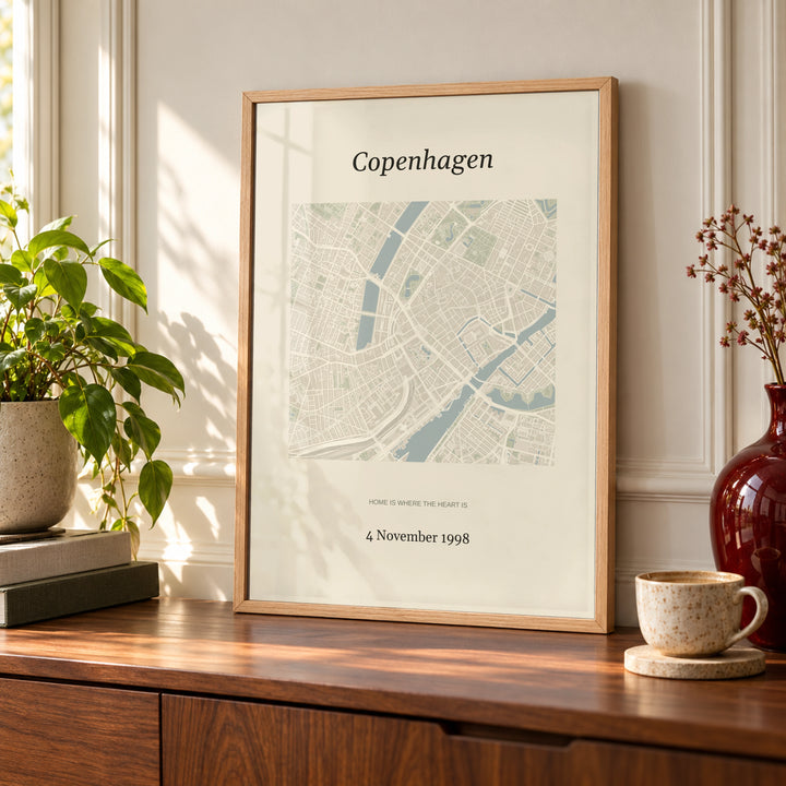Anniversary Map Print in a styled frame detail, natural wood frame