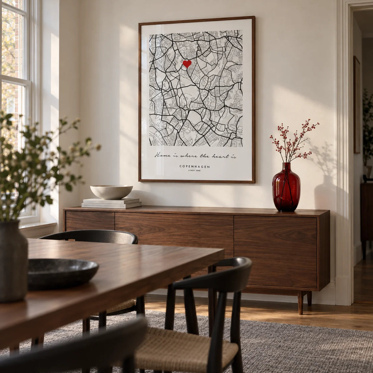 Custom Anniversary Gift, framed on the wall of a contemporary dining room in a UK townhouse with a warm white wall and walnut dining furniture