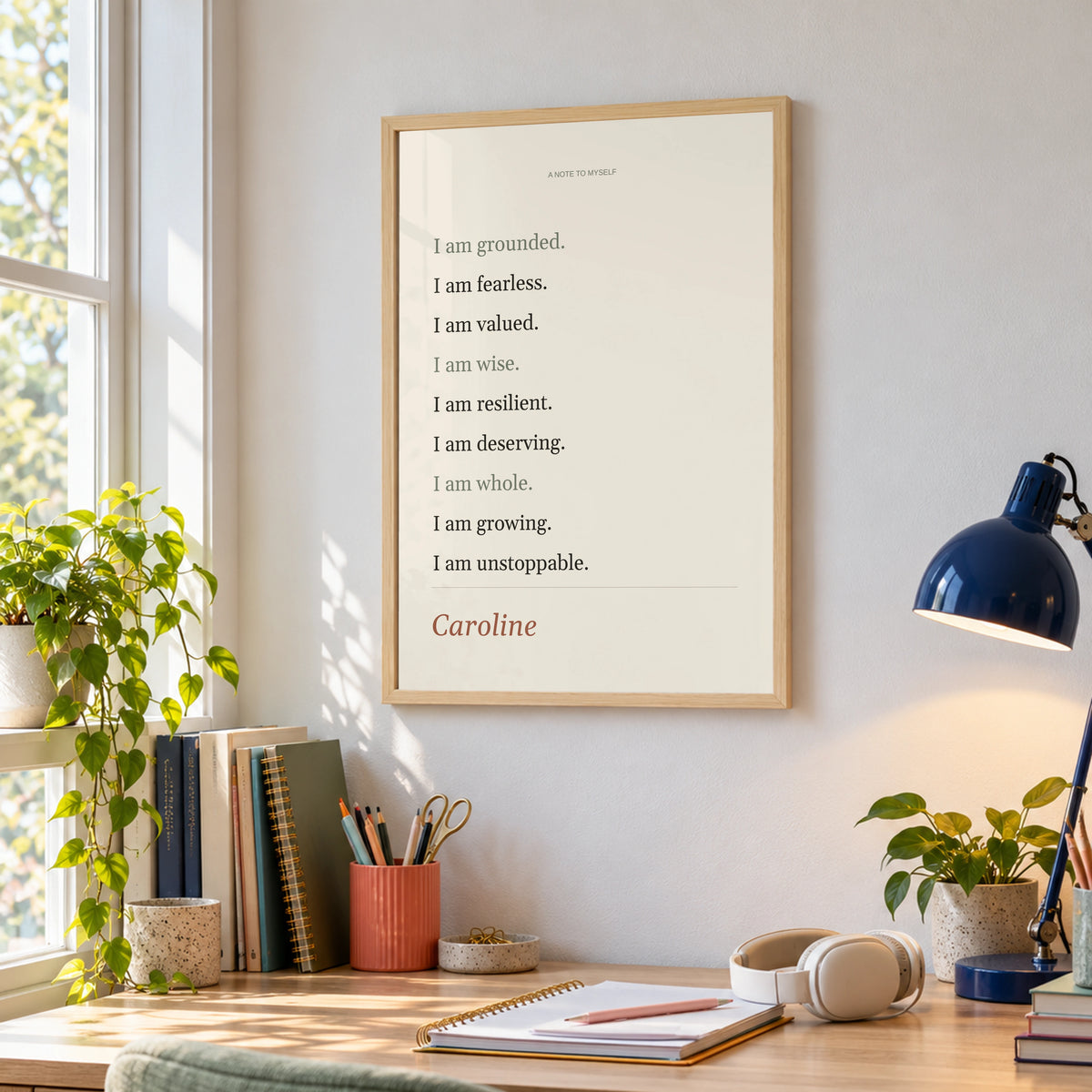 Quote Affirmation Poster in a teenage study space, natural wood frame