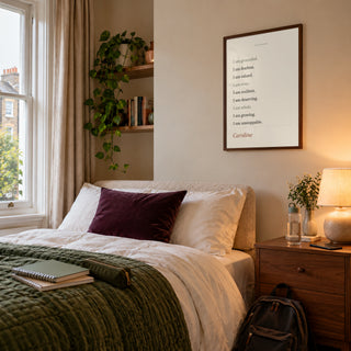 Quote Affirmation Poster in an older teenage bedroom, dark wood frame