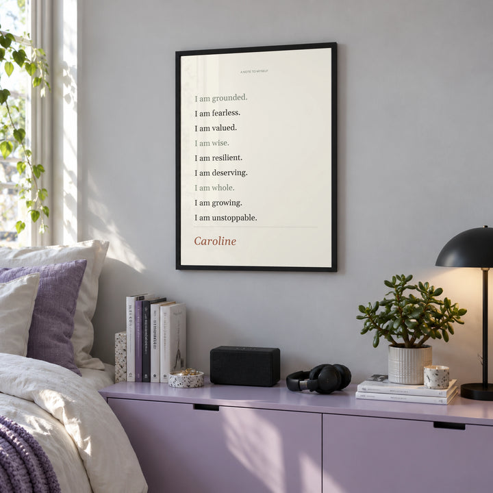 Quote Affirmation Poster in a modern teenage bedroom, black frame