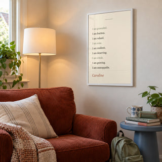 Quote Affirmation Poster in a teenage reading corner, white frame