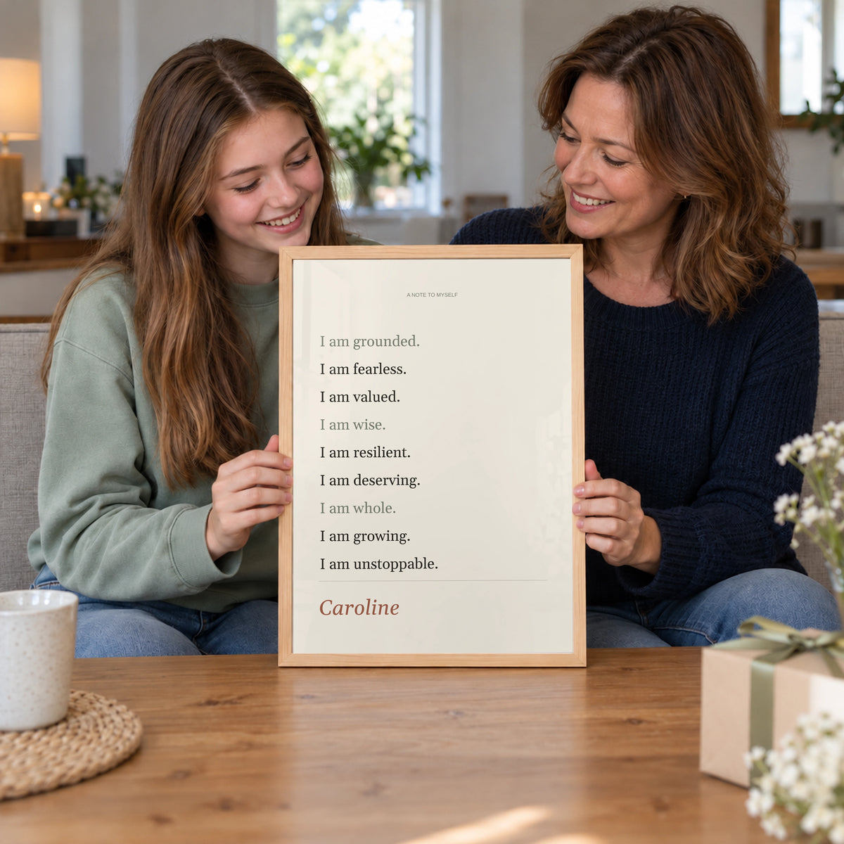 Mother giving a Quote Affirmation Poster to her teenage daughter, natural wood frame