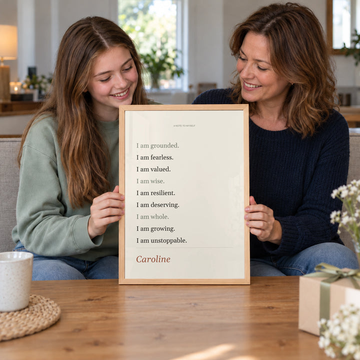 Mother giving a Quote Affirmation Poster to her teenage daughter, natural wood frame