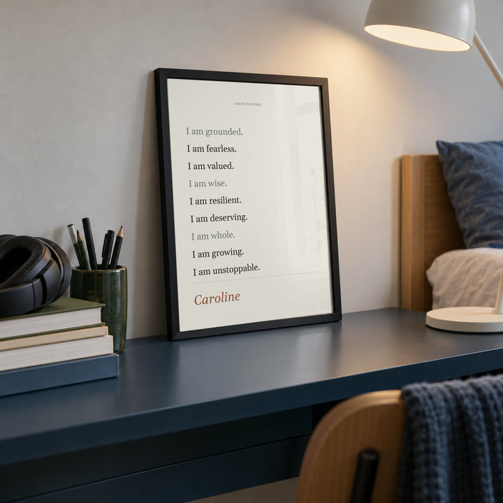 Quote Affirmation Poster on a teenage study shelf, black frame