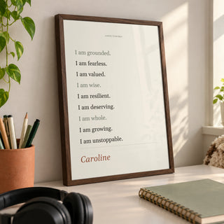 Quote Affirmation Poster on a teenager’s desktop, dark wood frame