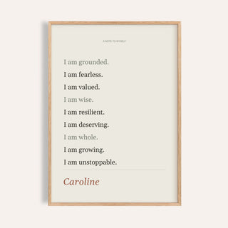 Quote Affirmation Poster personalised print, shown framed in natural wood