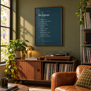 Song Favorites Print in a music-lover living room, dark wood frame