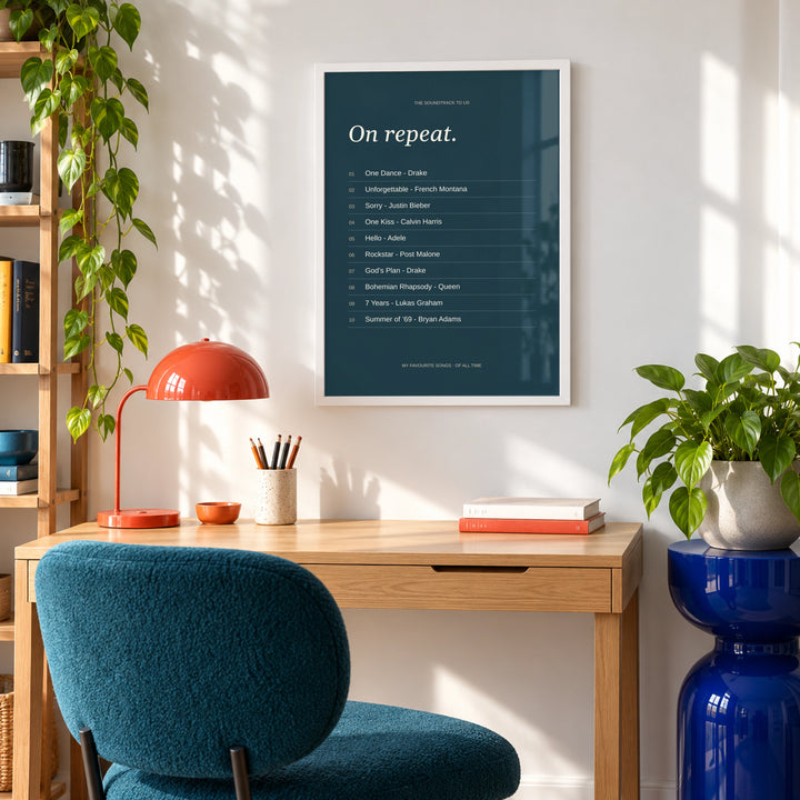 Song Favorites Print in a colourful home workspace, white frame