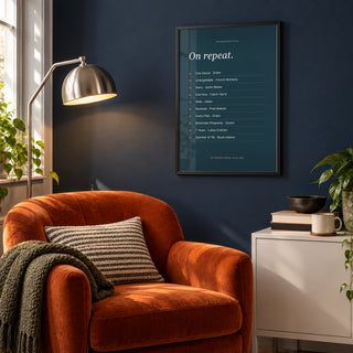 Song Favorites Print in a city-apartment reading corner, black frame