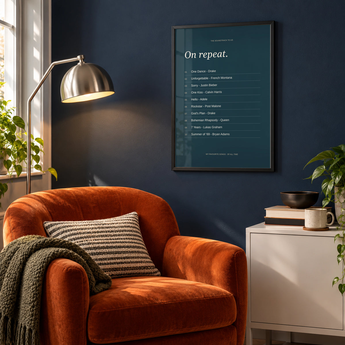 Song Favorites Print in a city-apartment reading corner, black frame
