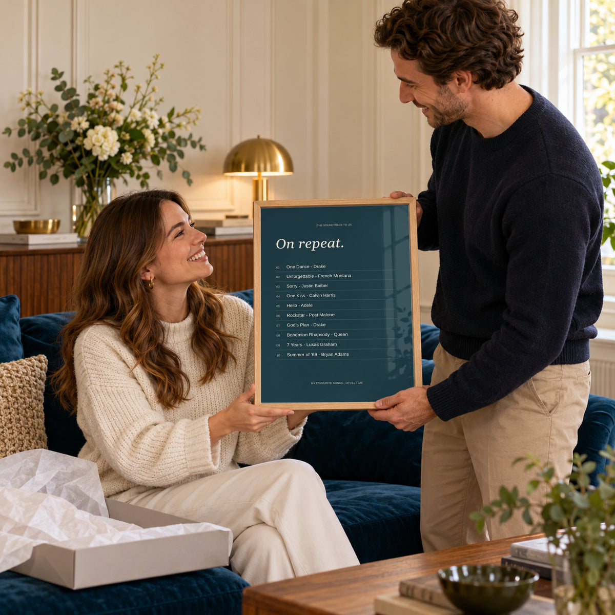 Song Favorites Print in a gifting moment at home, natural wood frame