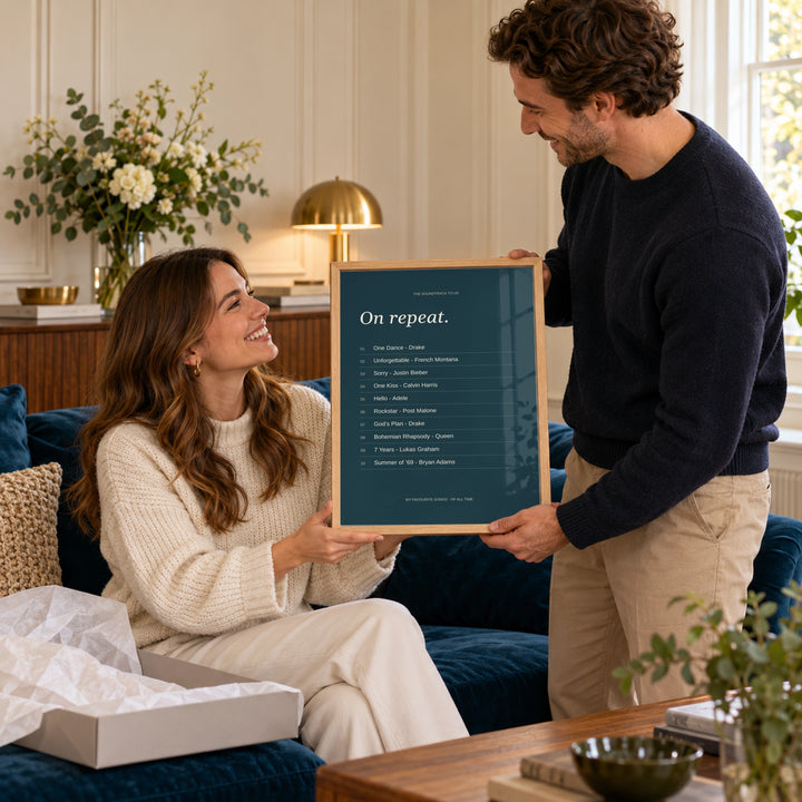 Song Favorites Print in a gifting moment at home, natural wood frame