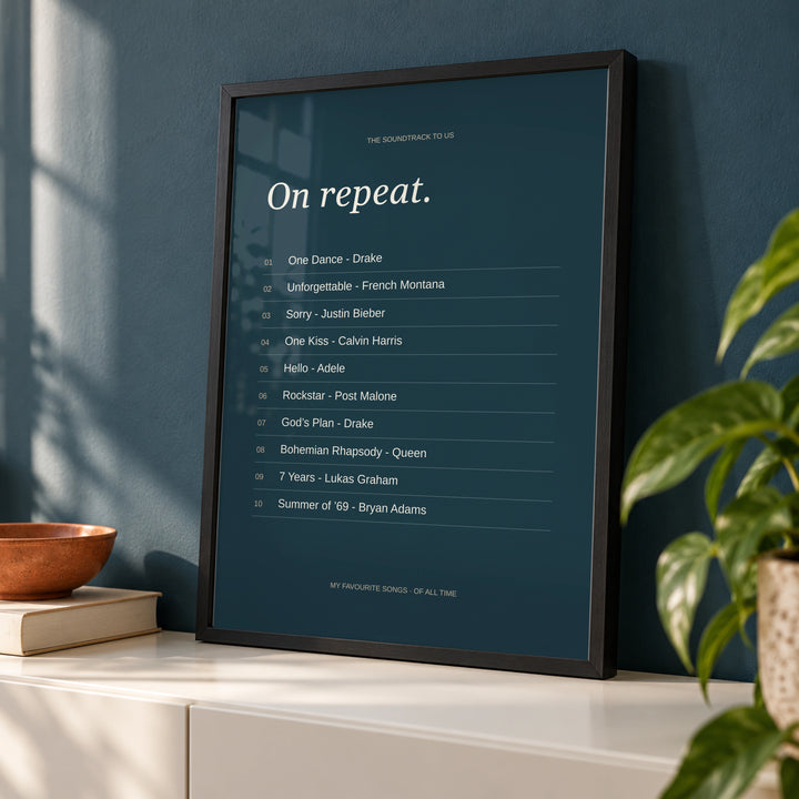 Song Favorites Print in a styled frame detail, black frame
