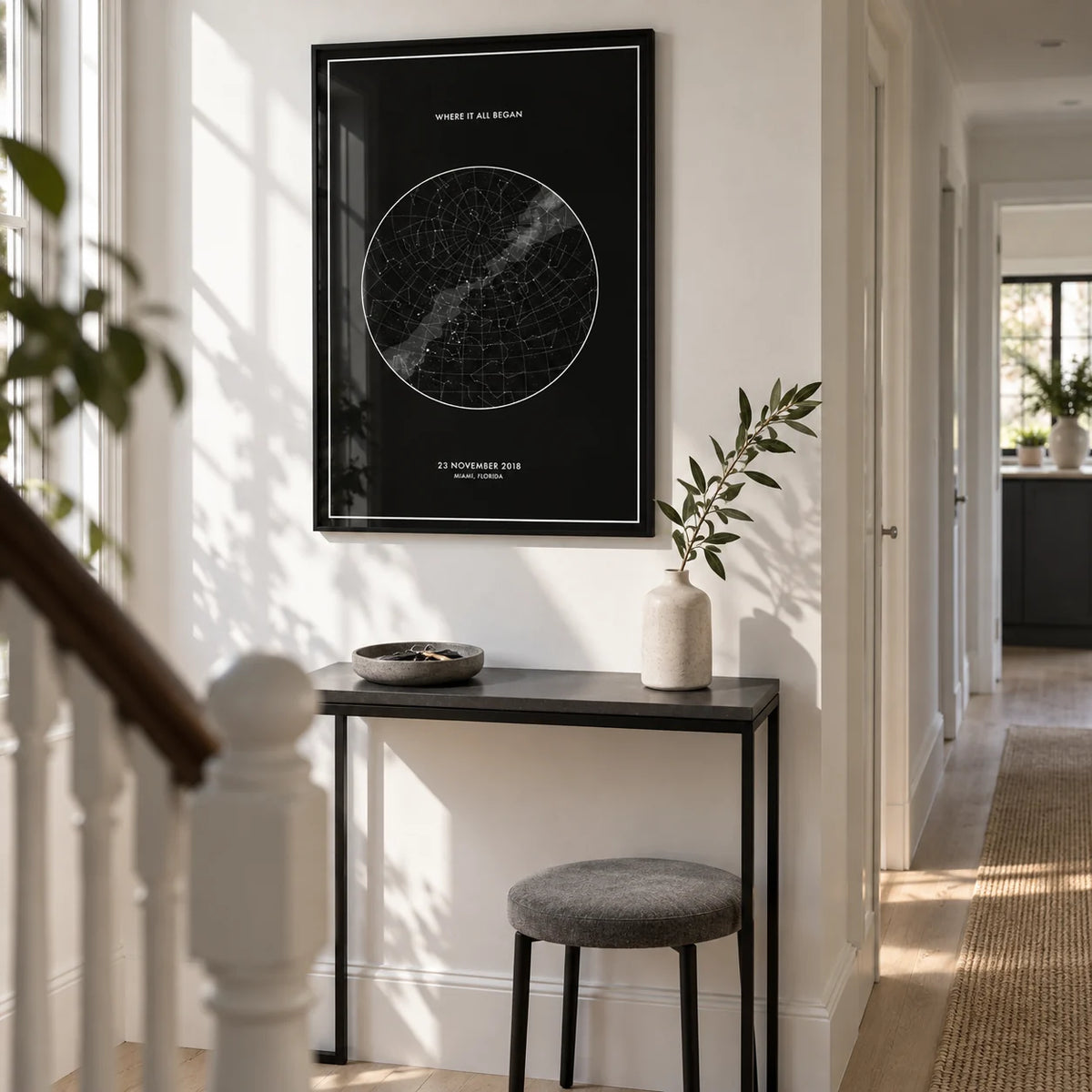 Custom Star Map, framed on the wall of a bright narrow hallway in a renovated UK terrace