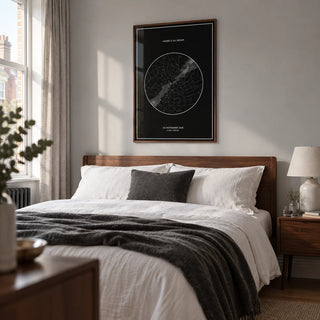 Custom Star Map, framed on the wall of a calm contemporary main bedroom in a UK terraced home