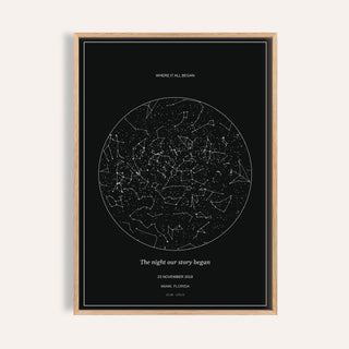 Custom Star Map personalised print, shown framed in natural wood