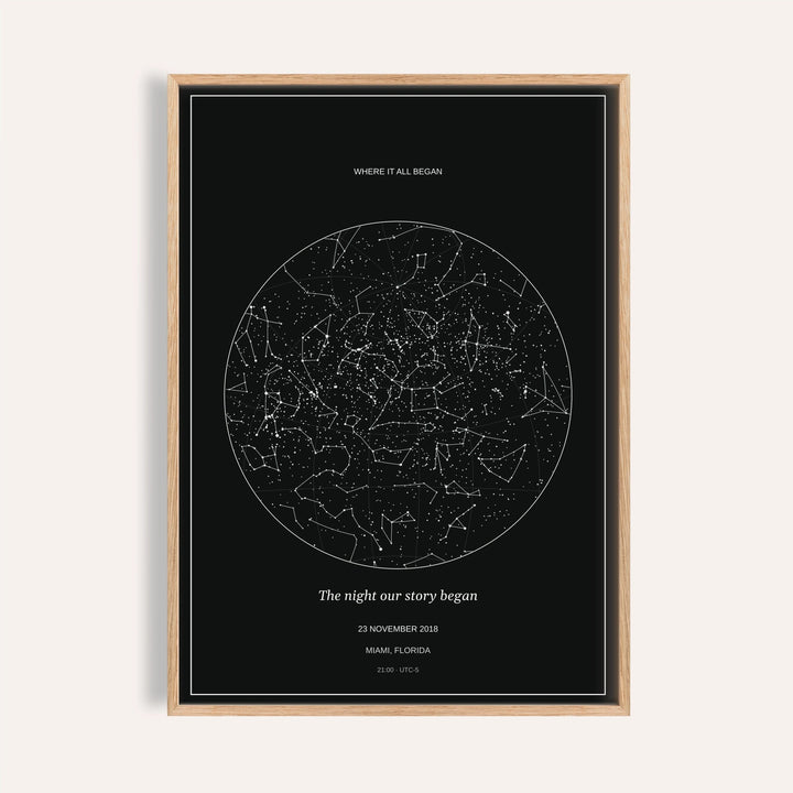 Custom Star Map personalised print, shown framed in natural wood
