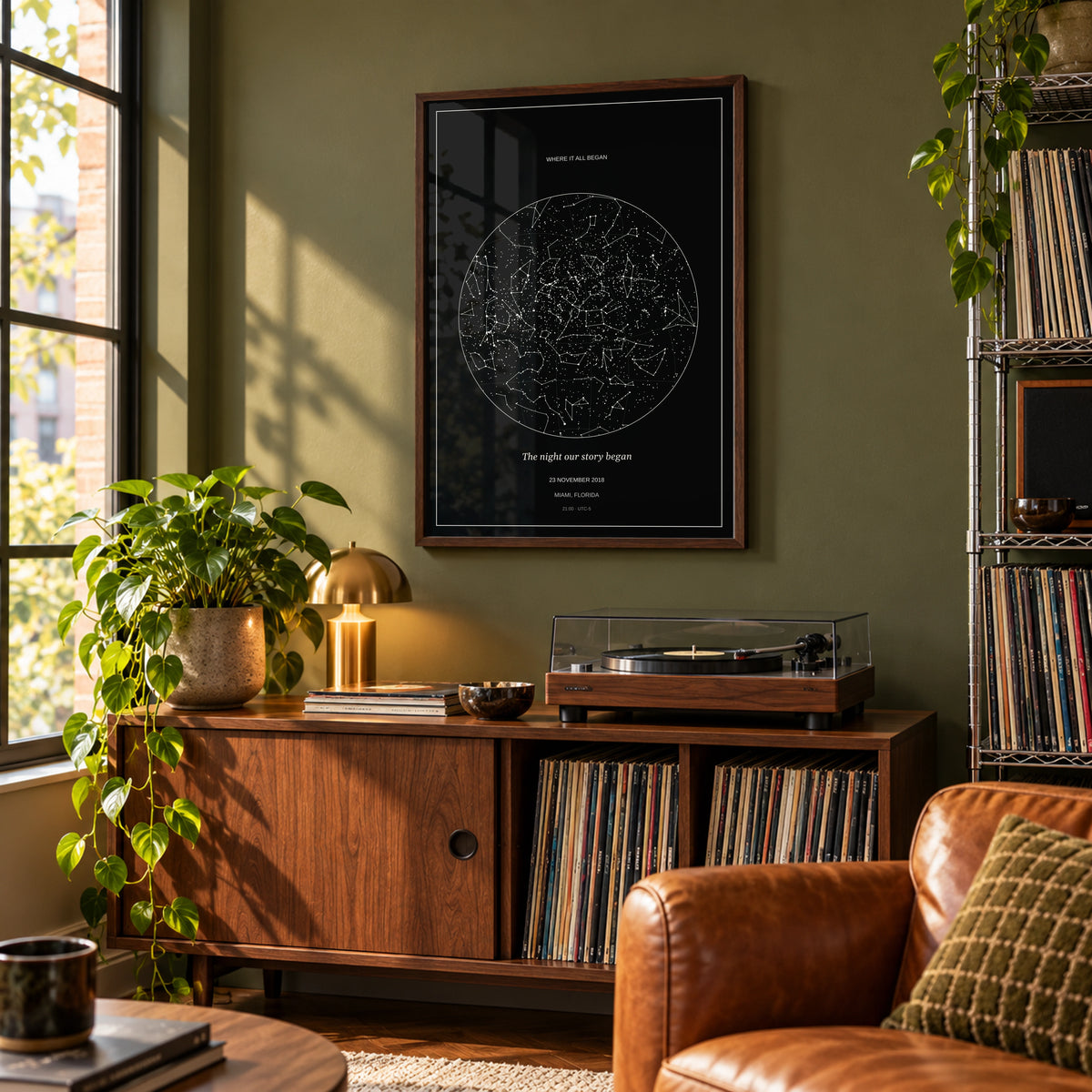 Custom Star Map in a music-lover living room, dark wood frame