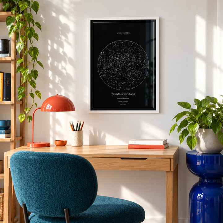Custom Star Map in a colourful home workspace, white frame